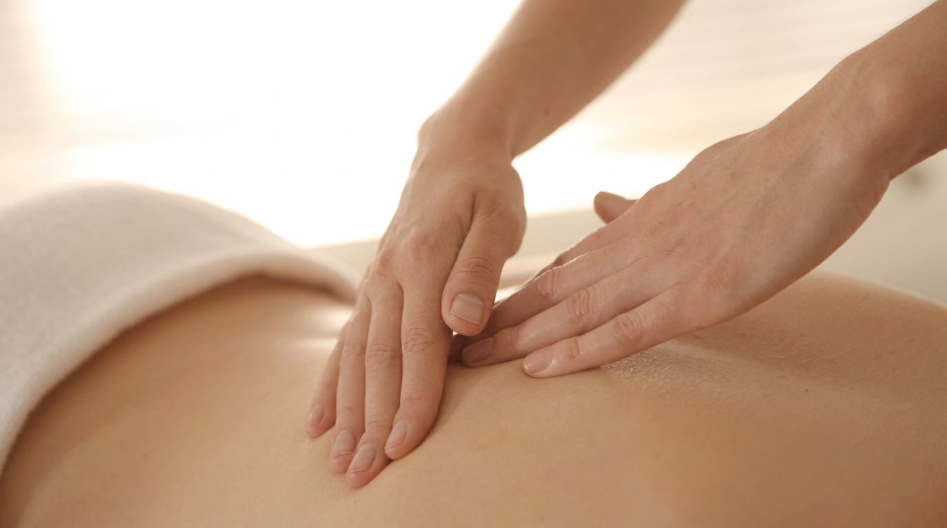 Professional portable massage table set up poolside at a patient's home